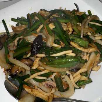Jiu Fu Cafe 明记 - Chives stir fry with squid - Chinese Near Me - Houston, Texas Jiu Fu Cafe 明记 - Chives stir fry with squid - Chinese Near Me - Houston, Texas