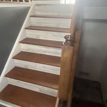 Kincer Handyman Services - Removed carpet sand stained and polyurethane the treads and added shiplap to the risers to give The stairs stairs a modern look - Handyman Near Me