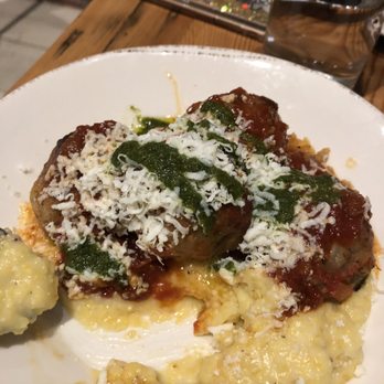 Wood Stack Pizza Kitchen - Meatballs with polenta, tomato sauce and pesto - Pizza Near Me - Pine Brook, New Jersey