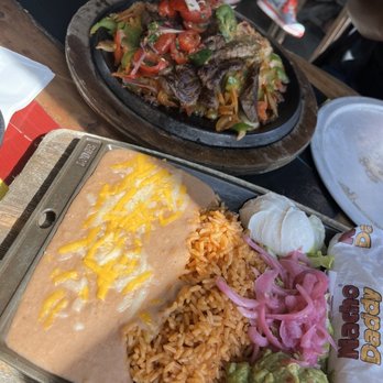 Nacho Daddy - Flaming Filet Mignon Fajitas For One- comes with tortillas, rice, beans and guacamole as pictured - New American Near Me - Las Vegas, Nevada Nacho Daddy - Flaming Filet Mignon Fajitas For One- comes with tortillas, rice, beans and guacamole as pictured - New American Near Me - Las Vegas, Nevada