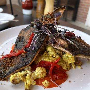 Chula Seafood Uptown - Pan-seared trout with yogurt-curry cauliflower and red pepper coulis - Seafood Near Me - Phoenix, Arizona