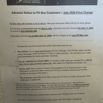 US Post Office - Update for all POB owners for new pricing - Post Offices Near Me - Phoenix, Arizona
