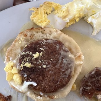 The Original Pancake House - Eggs Michael with an over cooked poached egg (basically scrambled) and tiny prepackaged sausage disc. - Breakfast & Brunch Near Me - Temecula, California The Original Pancake House - Eggs Michael with an over cooked poached egg (basically scrambled) and tiny prepackaged sausage disc. - Breakfast & Brunch Near Me - Temecula, California