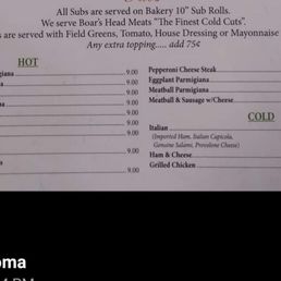 Menu I ordered from that I got from the  Restaurant Facebook page