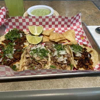 Chukis Deli Mexicano - From the left tacos chorizo, carnitas, Al pastor (marinated pork) - Mexican Near Me - Olive Branch, Mississippi