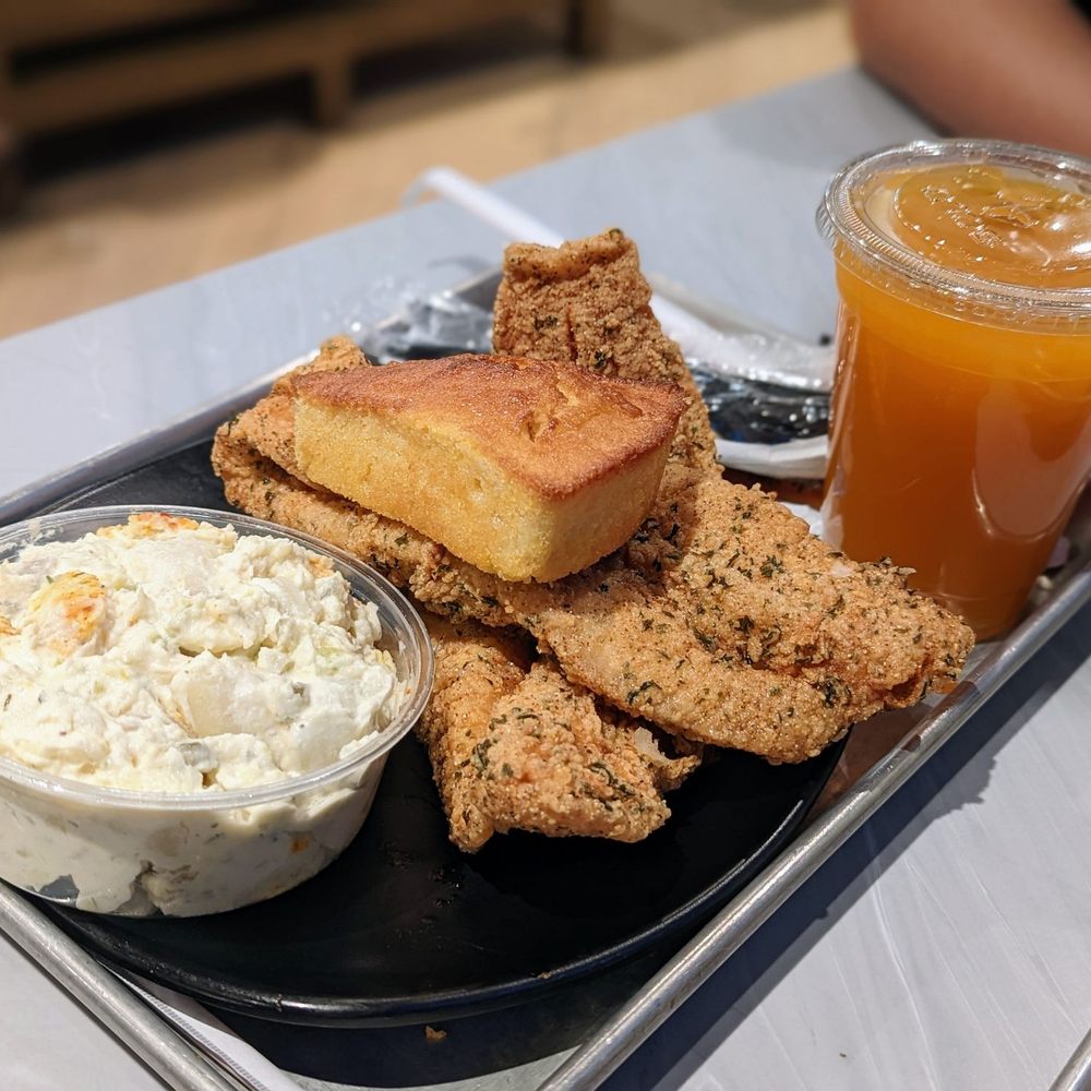 Cornbread Brooklyn - October 19, 2022; Catfish (2 pcs), side of potato salad ($18.99); Southern Twang ($4). - Soul Food Near Me - Brooklyn, New York Cornbread Brooklyn - October 19, 2022; Catfish (2 pcs), side of potato salad ($18.99); Southern Twang ($4). - Soul Food Near Me - Brooklyn, New York