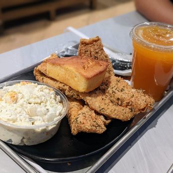 Cornbread Brooklyn - October 19, 2022; Catfish (2 pcs), side of potato salad ($18.99); Southern Twang ($4). - Soul Food Near Me - Brooklyn, New York
