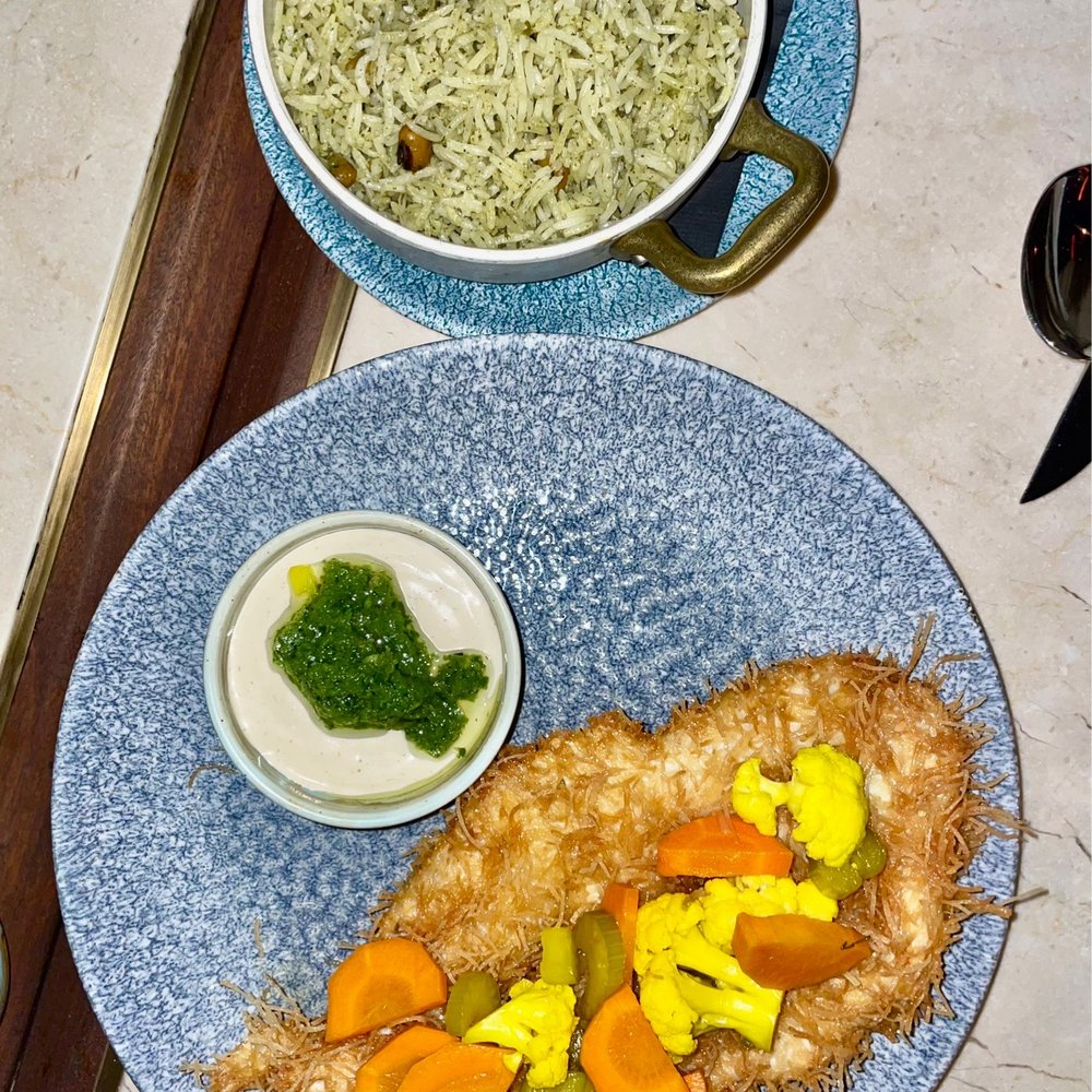 K'Far - Chicken Schnitzel Kataifi with Yemenite Pickles and Schug - Breakfast & Brunch Near Me - Brooklyn, New York K'Far - Chicken Schnitzel Kataifi with Yemenite Pickles and Schug - Breakfast & Brunch Near Me - Brooklyn, New York