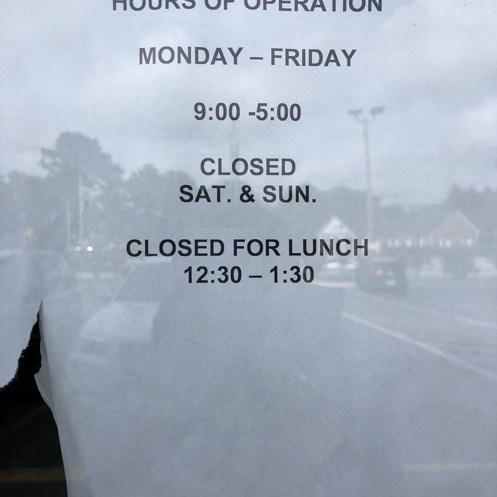 Closed Saturdays, sundays, and weekday lunch hour Closed Saturdays, sundays, and weekday lunch hour