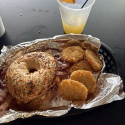 The Salty Pickle - Everything bagel with egg, cheese and bacon. Mimosa too