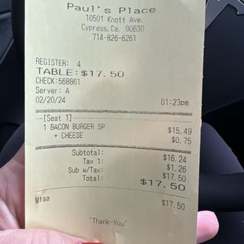 Paul's Place - $17.50 for a bacon cheeseburger special....outrageous. - Diners Near Me - Buena Park, California