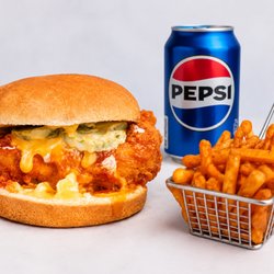 Parathas & Platters - One crispy halal Chicken Slider on a hamburger-size bun, served with fries, one canned soda and signature chicken sauce at Englewood spot.