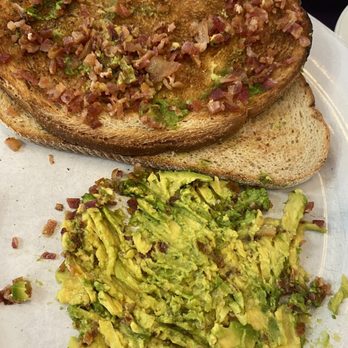 Dutchess Diner - My DIY rendition of avacado toast...fail - A plate features a toasted bread slice topped with bacon bits and a side of mashed avocado, likely from a diner setting. - Diners Near Me - Poughkeepsie, New York