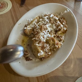 Squable - Dumplings with smoked eggplant, ricotta, pesto rosso & toasted walnut - Modern European Near Me - Houston, Texas