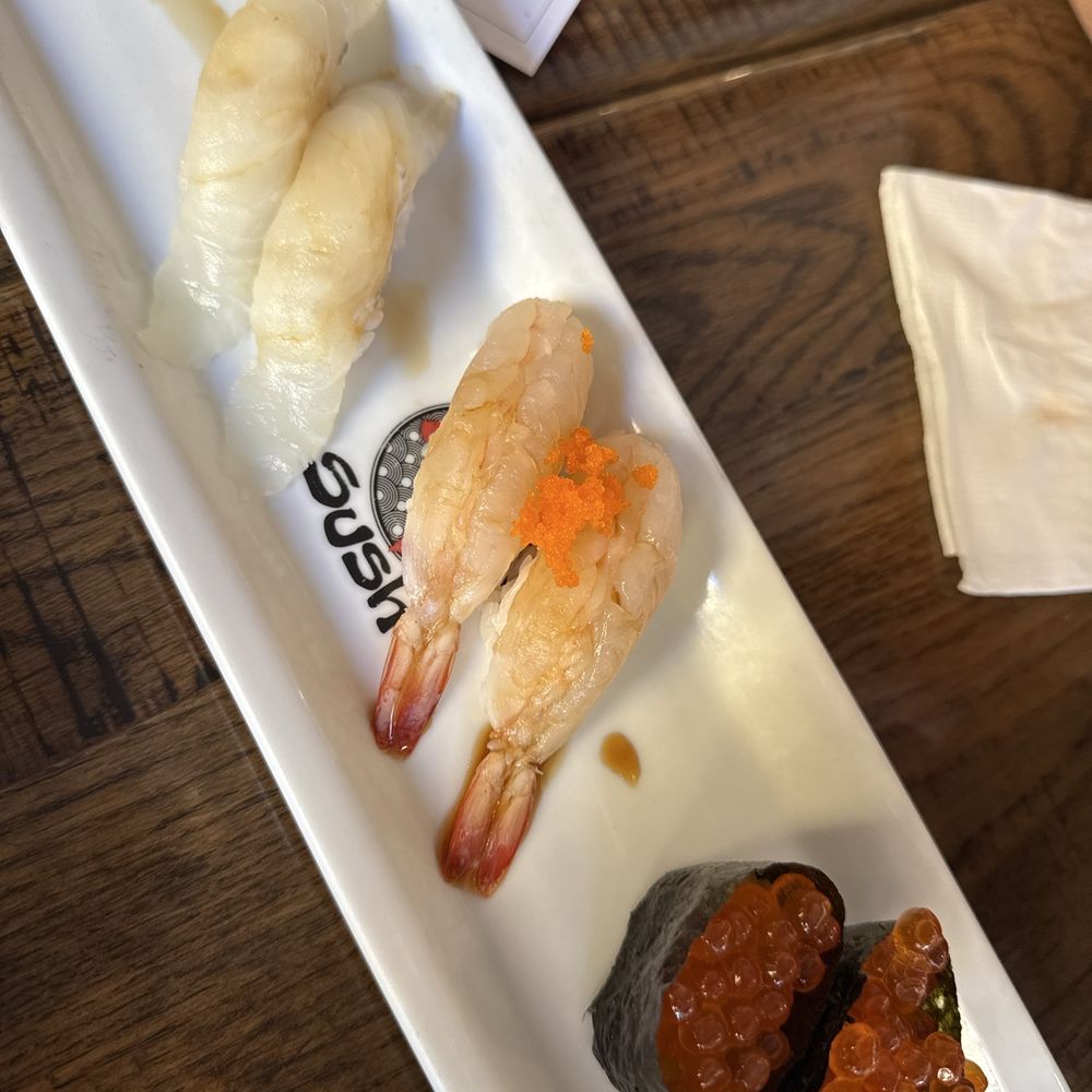 Halibut, raw shrimp, and salmon roe Halibut, raw shrimp, and salmon roe