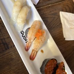 Halibut, raw shrimp, and salmon roe Halibut, raw shrimp, and salmon roe
