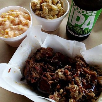 Slap's BBQ - Burnt ends + pulled pork (both with sweet sauce) + cheesy corn + warm baked potato casserole + cold beer = deliciousness! - Barbeque Near Me - Kansas City, Kansas