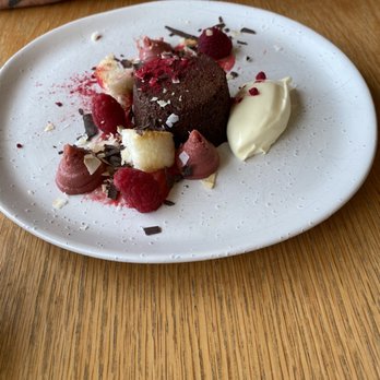 Radius Restaurant - Dark chocolate nemesis, raspberry curd, coconut biscuit, raspberry jam and raspberry dust - Australian Near Me - Inverloch, VIC Radius Restaurant - Dark chocolate nemesis, raspberry curd, coconut biscuit, raspberry jam and raspberry dust - Australian Near Me - Inverloch, VIC