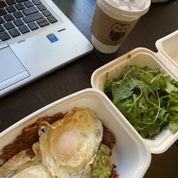 Morning Owl Coffeehouse - Avocado Smash On Hash and organic chai latte