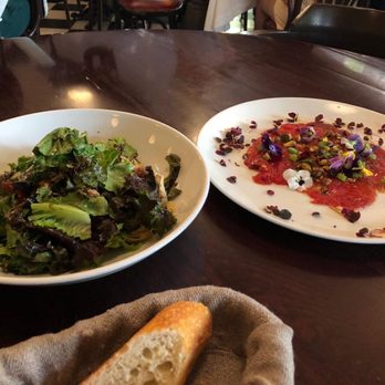 Brassi - Artichoke salad on the left (where's the artichoke?) and a watermelon carpaccio on the right. - French Near Me - México, D.F., DIF Brassi - Artichoke salad on the left (where's the artichoke?) and a watermelon carpaccio on the right. - French Near Me - México, D.F., DIF