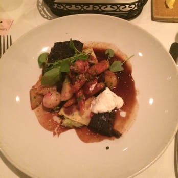 Flea Street - short ribs with leek and truffle stuffed crepes, baby beets, sweet carrots, turnips, horseradish cream - New American Near Me - Menlo Park, California
