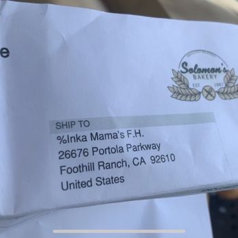 Inka Mama's - Invoice showing name of bakery and Inka Mamas - Peruvian Near Me - Foothill Ranch, California