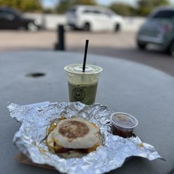Press Coffee - Skywater - Breakfast sandwich, matcha latte