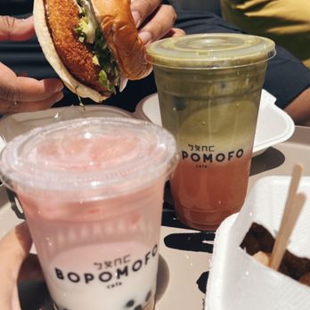 Bopomofo Cafe - Walnut shrimp burger + taro boba + guava matcha - Bubble Tea Near Me - Artesia, California