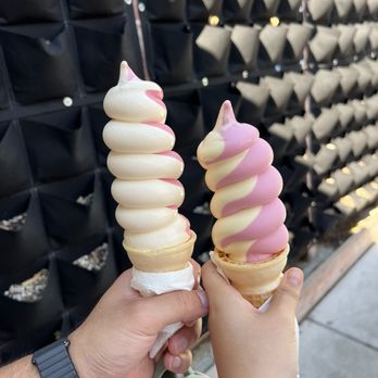 Meadowlark Dairy - Left: Large Strawberry and Vanilla swirl. Right: Medium Strawberry and Pineapple swirl. - Ice Cream & Frozen Yogurt Near Me - Pleasanton, California Meadowlark Dairy - Left: Large Strawberry and Vanilla swirl. Right: Medium Strawberry and Pineapple swirl. - Ice Cream & Frozen Yogurt Near Me - Pleasanton, California
