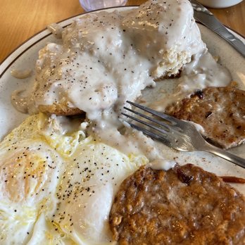 The Hungry Hollow - Biscuits and gravy with two eggs and sausage patties. - Breakfast & Brunch Near Me - Carmichael, California