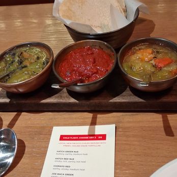 Char - Chile tasting. Joe Baca Green, Big Jim Red, and Christmas Roast - New Mexican Cuisine Near Me - Albuquerque, New Mexico