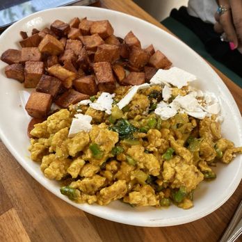 Cafe Flora - Asparagus, leek, spinach scramble with tofu and potatoes - Vegetarian Near Me - Seattle, Washington Cafe Flora - Asparagus, leek, spinach scramble with tofu and potatoes - Vegetarian Near Me - Seattle, Washington