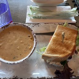 Crab ad corn chowder with 1/2 chicken salad sandwich