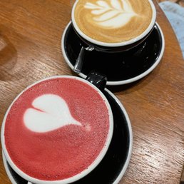 Beetroot and oat milk lattes