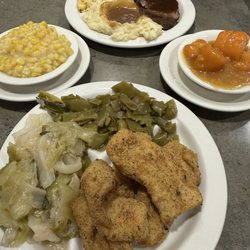 Salt & Pepper Catfish, Cabbage, Green Beans, Candied Yams, Creamed Corn, Mashed Potatoes & Gravy, Mac & Cheese and Pot Roast