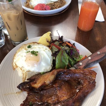 FOB Kitchen - Tocino (front) + Adobo fried rice (back) with pandan iced coffee - Filipino Near Me - Oakland, California