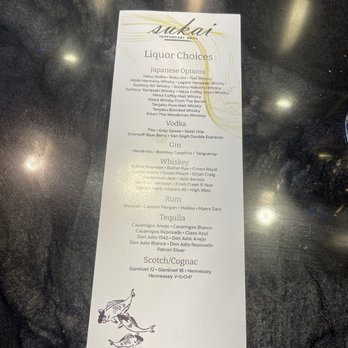 Sukai - Cocktail menu: mainly a list of spirits/wines, the signature drinks that are listed have no description... - Teppanyaki Near Me - Friant, California Sukai - Cocktail menu: mainly a list of spirits/wines, the signature drinks that are listed have no description... - Teppanyaki Near Me - Friant, California