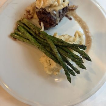 Scott's Seafood - Steak with crab, top and asparagus and mashed potatoes - Seafood Near Me - San Jose, California Scott's Seafood - Steak with crab, top and asparagus and mashed potatoes - Seafood Near Me - San Jose, California
