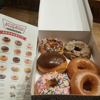 Krispy Kreme - 2 glazed hot off the line, blueberry, chocolate glazed and strawberry glazed both with sprinkles, and creme filled donut. - Donuts Near Me - Catonsville, Maryland