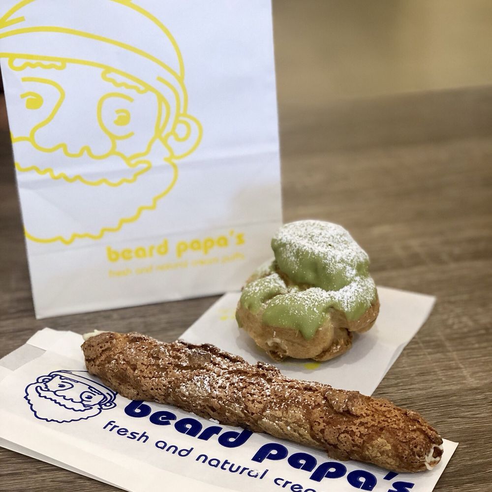 Beard Papa's - Green tea cream puff with vanilla filling ($3.40) and Croquant ($3.40) - Desserts Near Me - Flushing, New York Beard Papa's - Green tea cream puff with vanilla filling ($3.40) and Croquant ($3.40) - Desserts Near Me - Flushing, New York