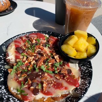 Rebel Cheese - Valentine's Special - Strawberry Chocolate Cream Cheese French Toast. Iced coffee - Vegan Near Me - Austin, Texas