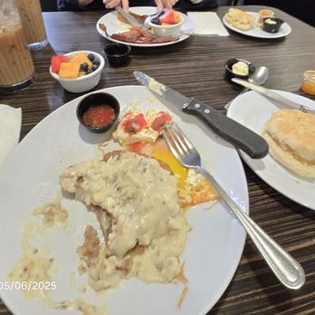 Off Street Cafe - Chicken fried steak and eggs, biscuit and fruit, with iced latte. - American Near Me - Cerritos, California
