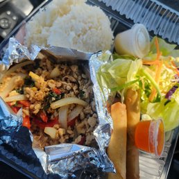 Lunch special! Basil chicken, steam rice, salad n pork egg rolls!!! Lunch special! Basil chicken, steam rice, salad n pork egg rolls!!!