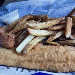 Fried flounder basket w fries and hush puppies Fried flounder basket w fries and hush puppies