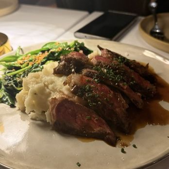Linden - For Goodness Steak 8oz open fire grilled ny strip steak, pomme purée, wilted spinach, fried leeks (gf) - New American Near Me - Los Angeles, California Linden - For Goodness Steak 8oz open fire grilled ny strip steak, pomme purée, wilted spinach, fried leeks (gf) - New American Near Me - Los Angeles, California