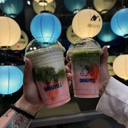 Daigyo - Matcha strawberry oat milk latte + cheese foam