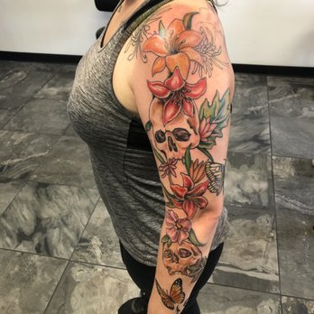Speak Easy Tattoo Spot - Skull and flower tattoo sleeve in progress THANKS TO TORI FOR LETTING ME START ON HER 2nd sleeve!!! - Tattoo Near Me - Phoenix, Arizona