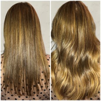 Palm Beach Salon - Achieving the Balayage-look minus the damage on fragile, fine hair with our custom mini tape-in extensions by adding blonde tips. - Hair Extensions Near Me Palm Beach Salon - Achieving the Balayage-look minus the damage on fragile, fine hair with our custom mini tape-in extensions by adding blonde tips. - Hair Extensions Near Me