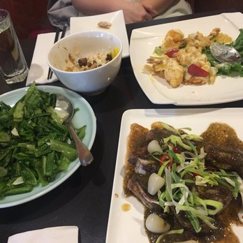 Facing East - A-vegetable, stewed pork over rice, prawns with fruit and honey mayo, braised beef short ribs - Chinese Near Me - Bellevue, Washington