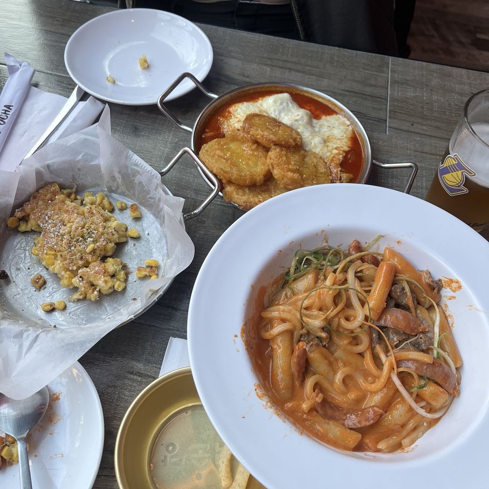 Urban Pocha - crispy corn pancake, brisket rose tteokbokki, & cheese spicy chicken and sweet potatoes - Korean Near Me - Pasadena, California Urban Pocha - crispy corn pancake, brisket rose tteokbokki, & cheese spicy chicken and sweet potatoes - Korean Near Me - Pasadena, California